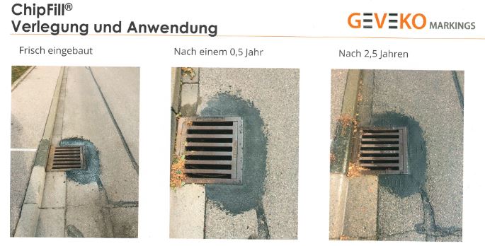 ChipFill Verlegung und Anwendung – frisch eingebaut, nach 0,5 Jahr und nach 2,5 Jahren